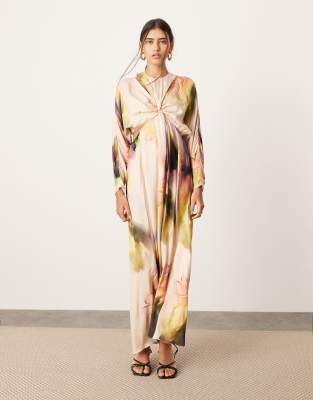 satin batwing maxi dress with cut-out detail in pink print-Multi