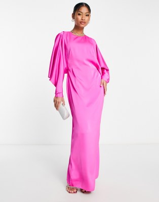 Asos Design Satin Batwing Maxi Dress With Drape V Back In Bright Pink