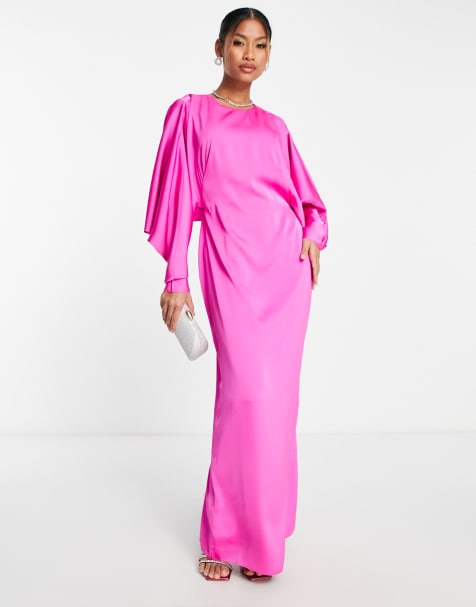 ASOS EDITION satin batwing maxi dress with drape v back in bright pink - view 1