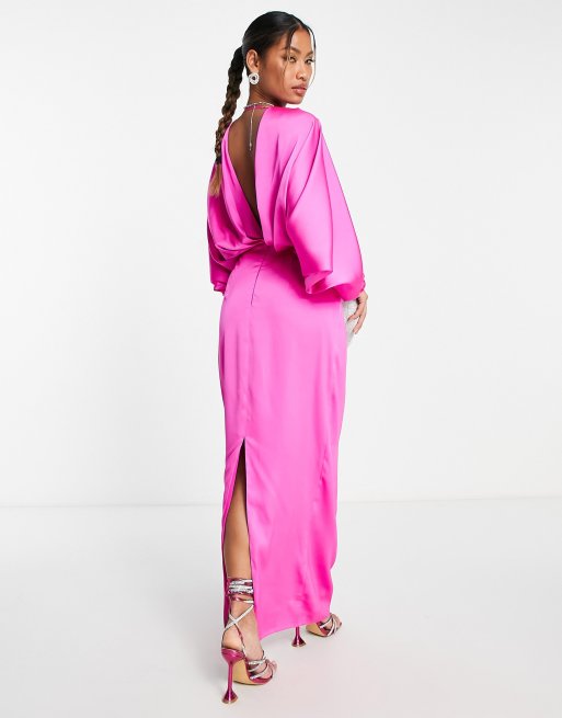 ASOS DESIGN satin long sleeve maxi dress with lace applique detail in  fuschia pink