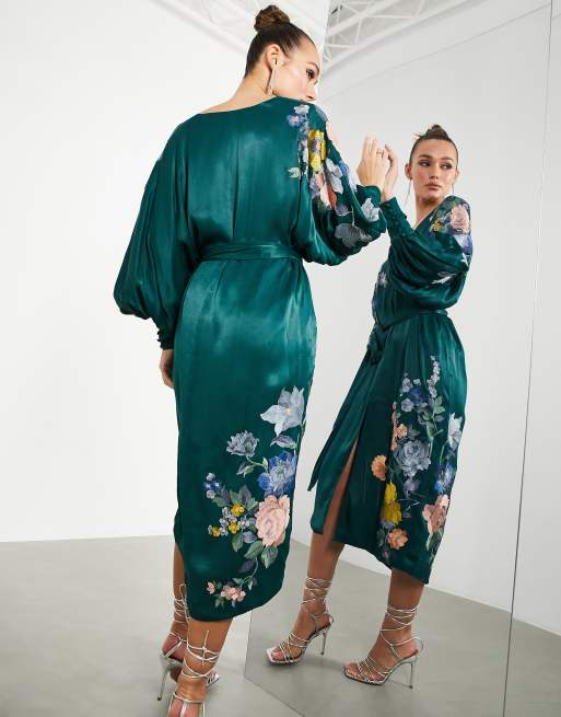 green emerald velvet dress Forest Green Floral Wrap Front V-Neck Hi-Low Midi Dress main image 0