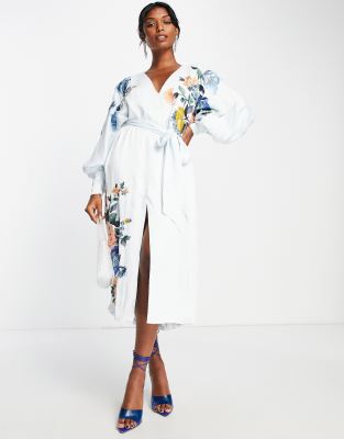 Asos Design Satin Belted Midi Dress With Floral Embroidery In Pale Blue |  ModeSens