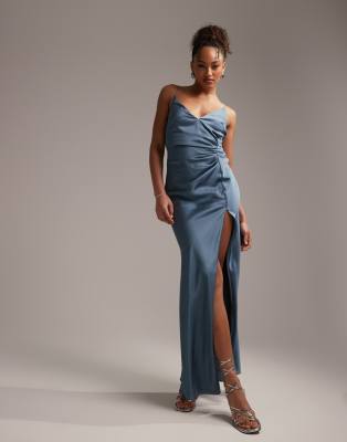 Asos Design Satin Cami Maxi Dress With Drape Detail In Dusky Blue In Blue