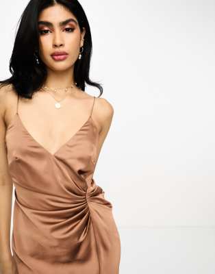 Asos Design Asos Edition Satin Cami Maxi Dress With Drape Detail In Mocha-brown