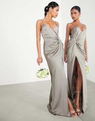 ASOS DESIGN Bridesmaid cami midi slip dress in high shine satin with lace  up back in ice grey