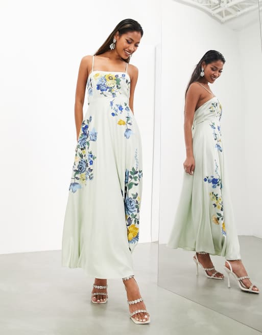 ASOS EDITION satin cami maxi dress with floral embroidery in sage green