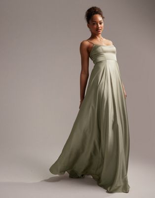 Asos Design Satin Cami Maxi Dress With Full Skirt In Sage Green