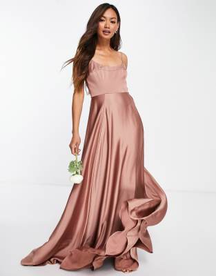 Asos Design Satin Cami Maxi Dress With Square Neck In Cinnamon Rose-copper In Copper