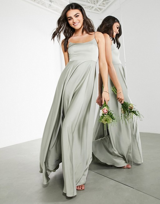 ASOS DESIGN Bridesmaid satin cami maxi dress with square neck in sage green