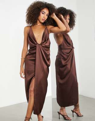 ASOS EDITION ASOS EDITION satin cami midi dress with drape wrap skirt in chocolate brown