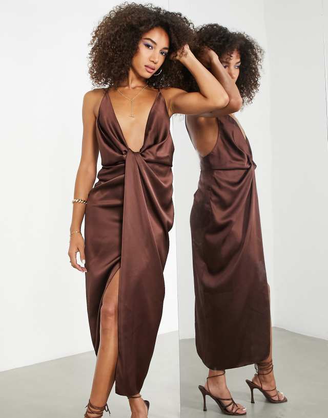 ASOS EDITION satin cami midi dress with drape wrap skirt in chocolate brown