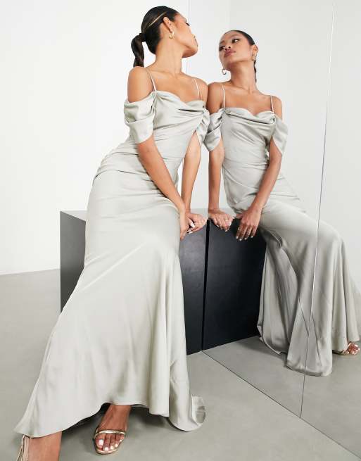 ASOS EDITION satin cold shoulder maxi dress in sage green, 3 of 4
