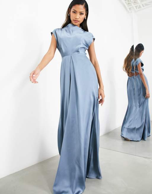 ASOS EDITION satin cowl neck maxi dress with cut out back in dusky blue, 4 of 4
