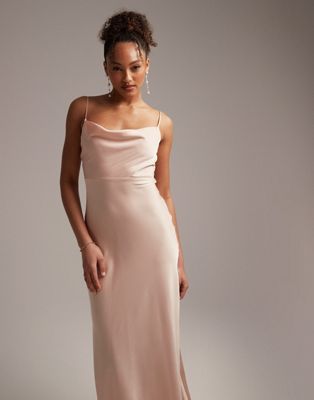 Shop Asos Design Bridesmaid Satin Cowl Neck Maxi Dress With Full Skirt In Blush-pink