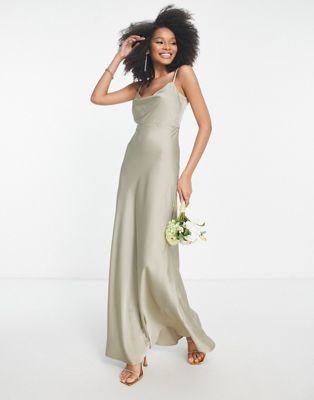 ASOS EDITION satin cowl neck maxi dress with full skirt in sage green | ASOS