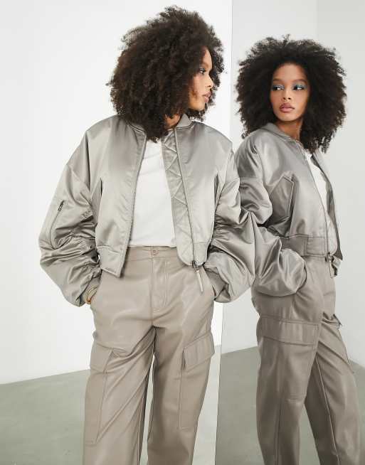 ASOS EDITION satin cropped bomber jacket in gray