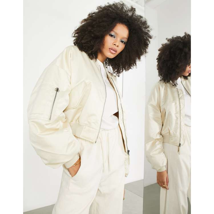 ASOS EDITION satin cropped bomber jacket in stone | ASOS