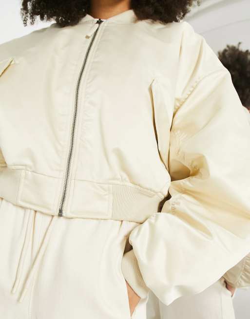 ASOS EDITION satin cropped bomber jacket in stone | ASOS