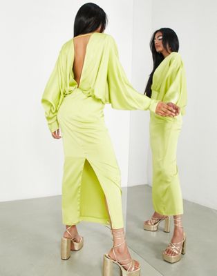 ASOS EDITION satin drape batwing column maxi dress with v neck in chartreuse