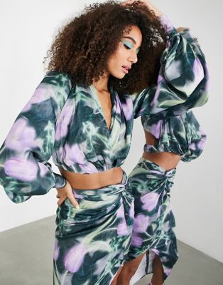 Satin drape blouson sleeve top with open back in blurred floral print Asos Women Clothing Tops Backless Tops 