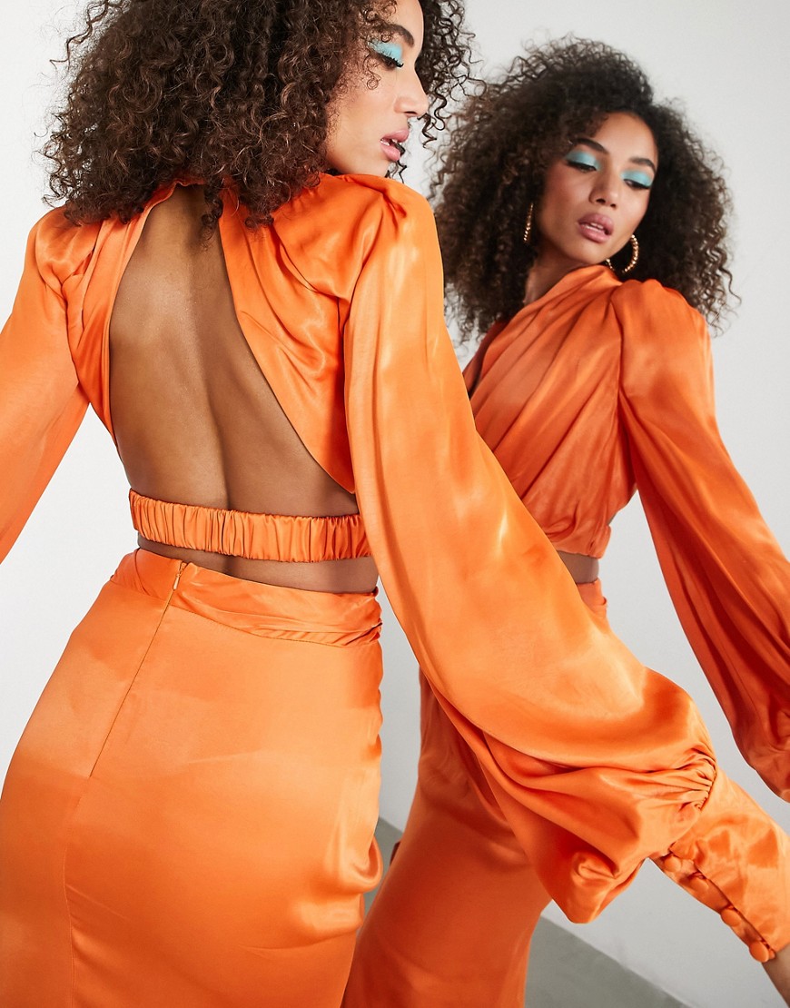Asos Design Satin Drape Blouson Sleeve Top With Open Back In Spicy Orange