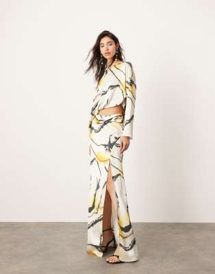 ASOS EDITION satin drape cut out waist maxi dress in marble print-Multi