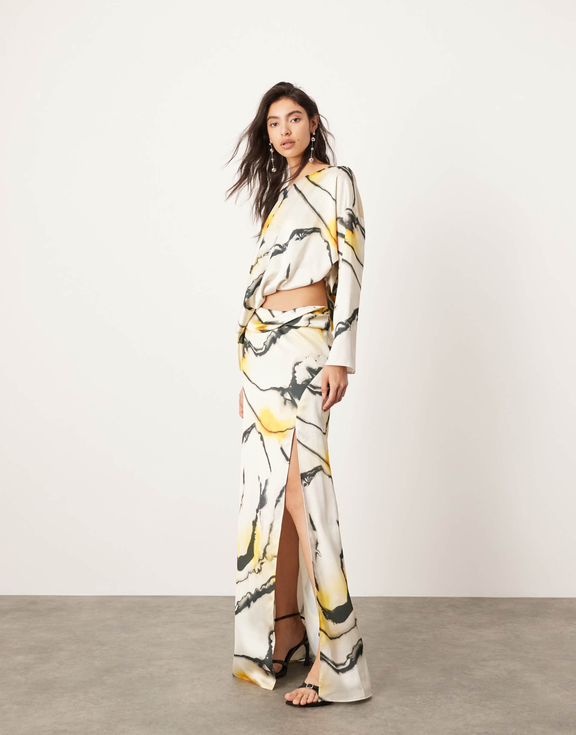 asos edition satin drape cut out waist maxi dress in marble print