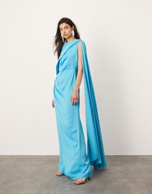 satin drape detail maxi dress with ruched waist in aqua blue