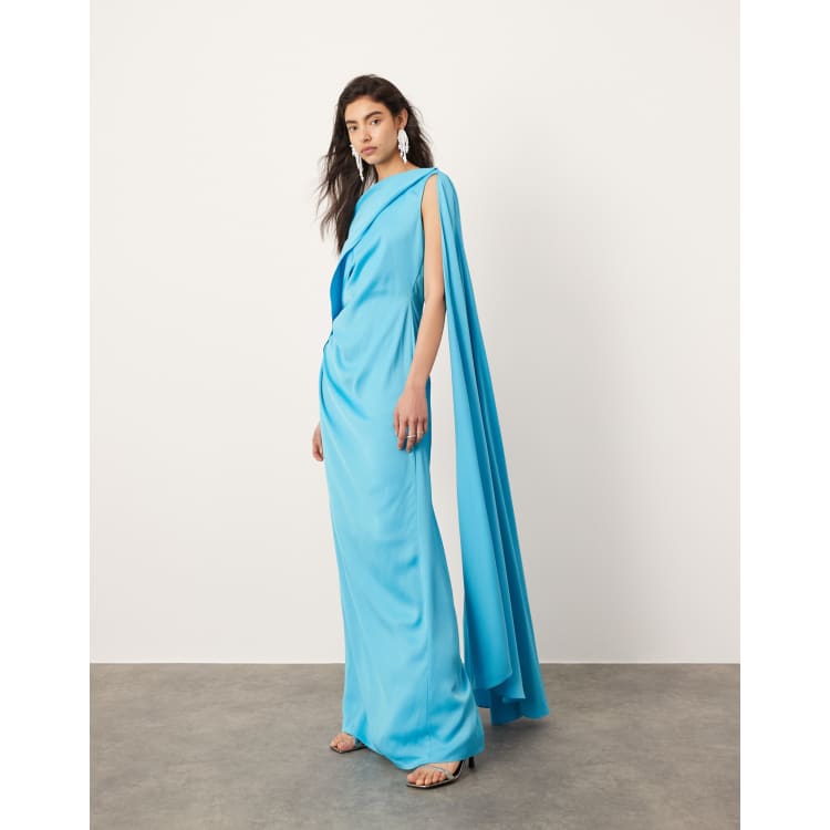 aqua ruched maxi dress Split Hem Sleeveless Satin Scoop Neck, Ariella Maxi Dress in Aqua, Size S, For Holiday Party