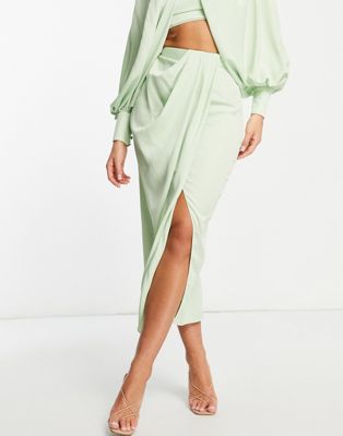 ASOS EDITION satin crop top & drape front midi skirt  in green - MGREEN