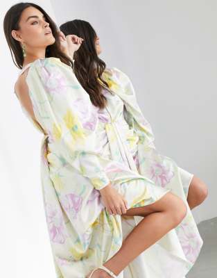 ASOS EDITION satin drape maxi dress in lemon bloom print-Multi