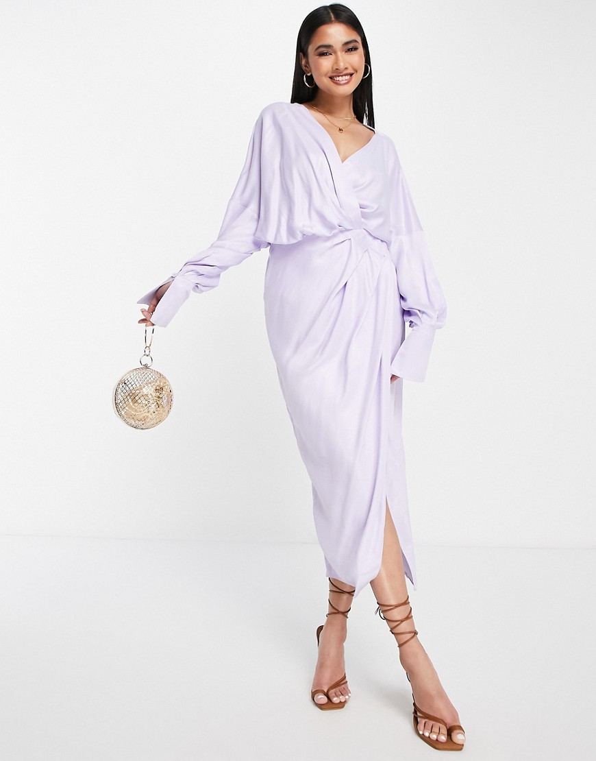 Asos Design Satin Drape Midi Dress With Wrap Bodice And Skirt In Lilac-purple