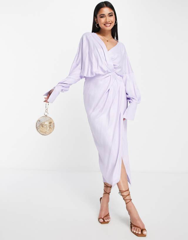 ASOS EDITION satin drape midi dress with wrap bodice and skirt in lilac