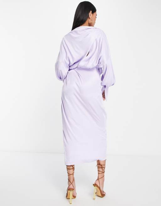ASOS EDITION satin drape midi dress with wrap bodice and skirt in lilac, 2 of 4