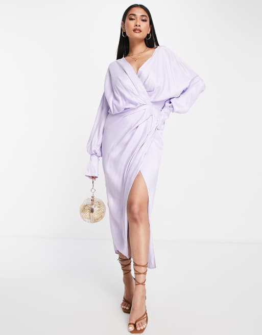 ASOS EDITION satin drape midi dress with wrap bodice and skirt in lilac ASOS