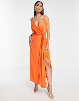 Asos Design Satin Drape Side Cami Midi Dress In Orange