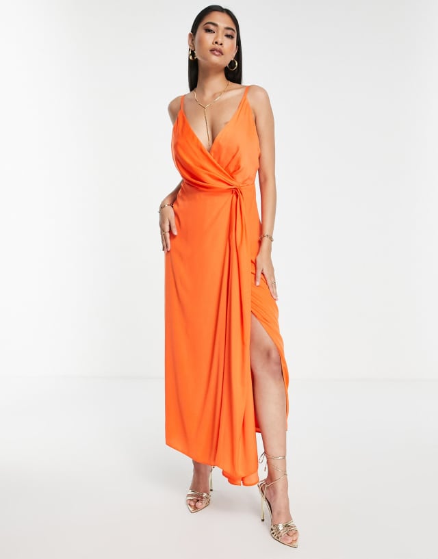 ASOS EDITION satin drape side cami midi dress in orange