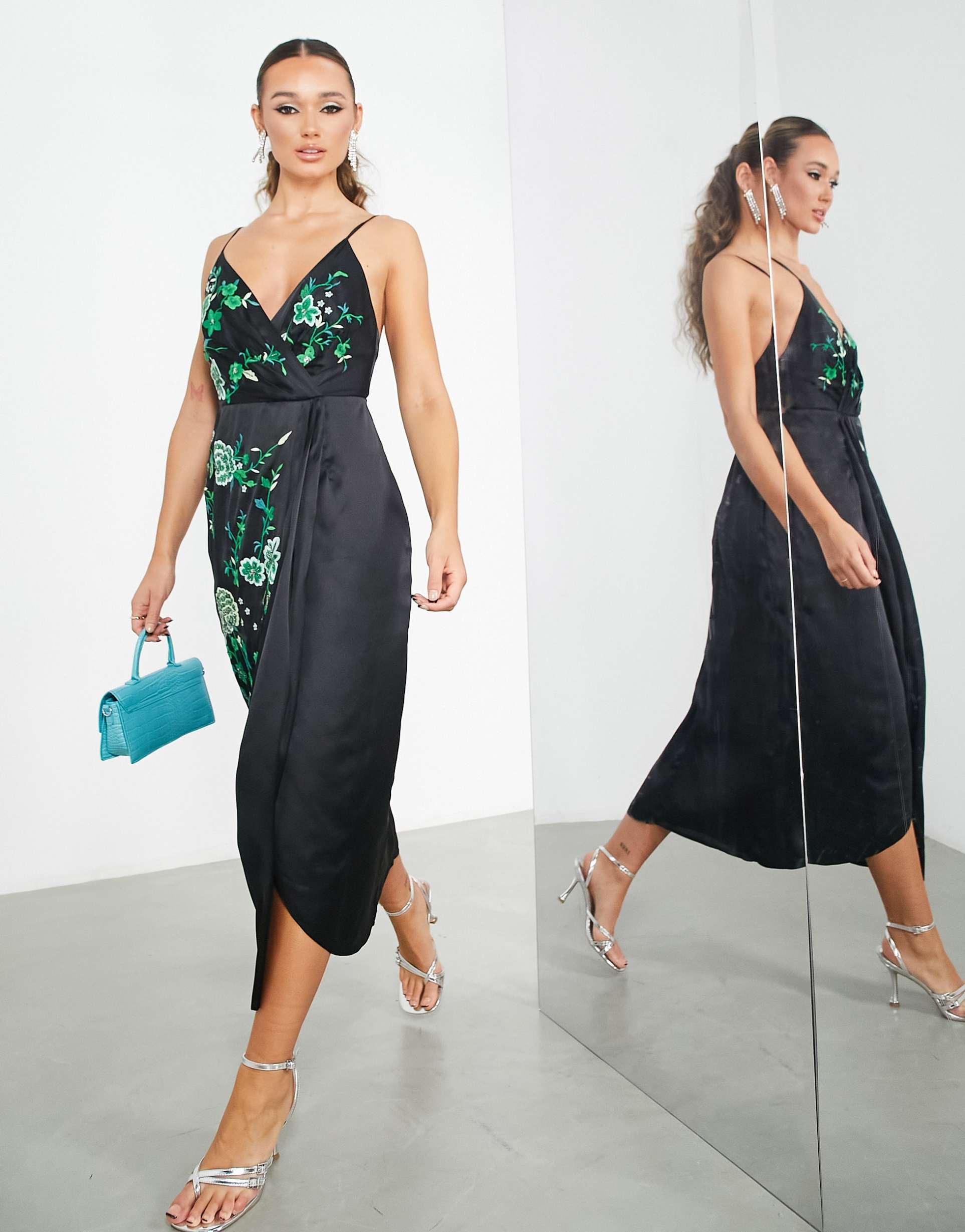 asos edition satin drape side cami midi dress with floral embroidery in black