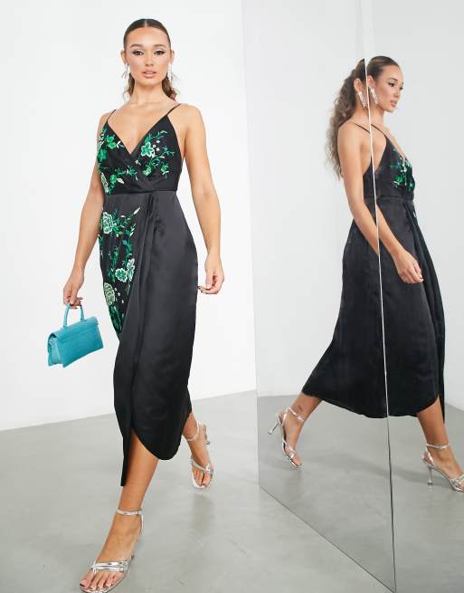 FhyzicsShops EDITION satin drape side cami midi dress with floral embroidery in black