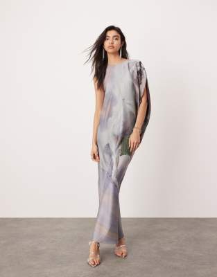 ASOS EDITION satin draped one sleeve asymmetric midi dress in oversized horse print-Multi φωτογραφία