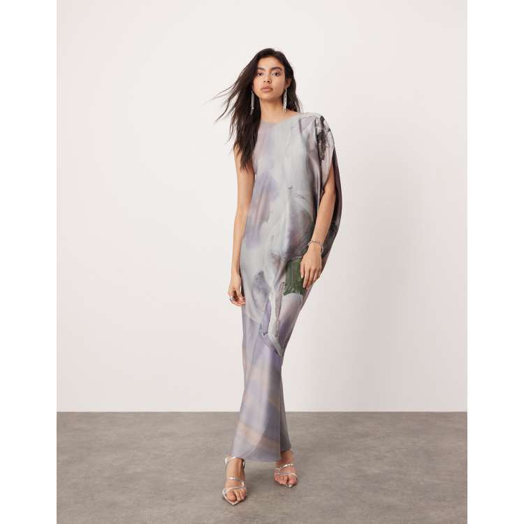 ASOS EDITION satin draped one sleeve asymmetric midi dress in oversized horse print