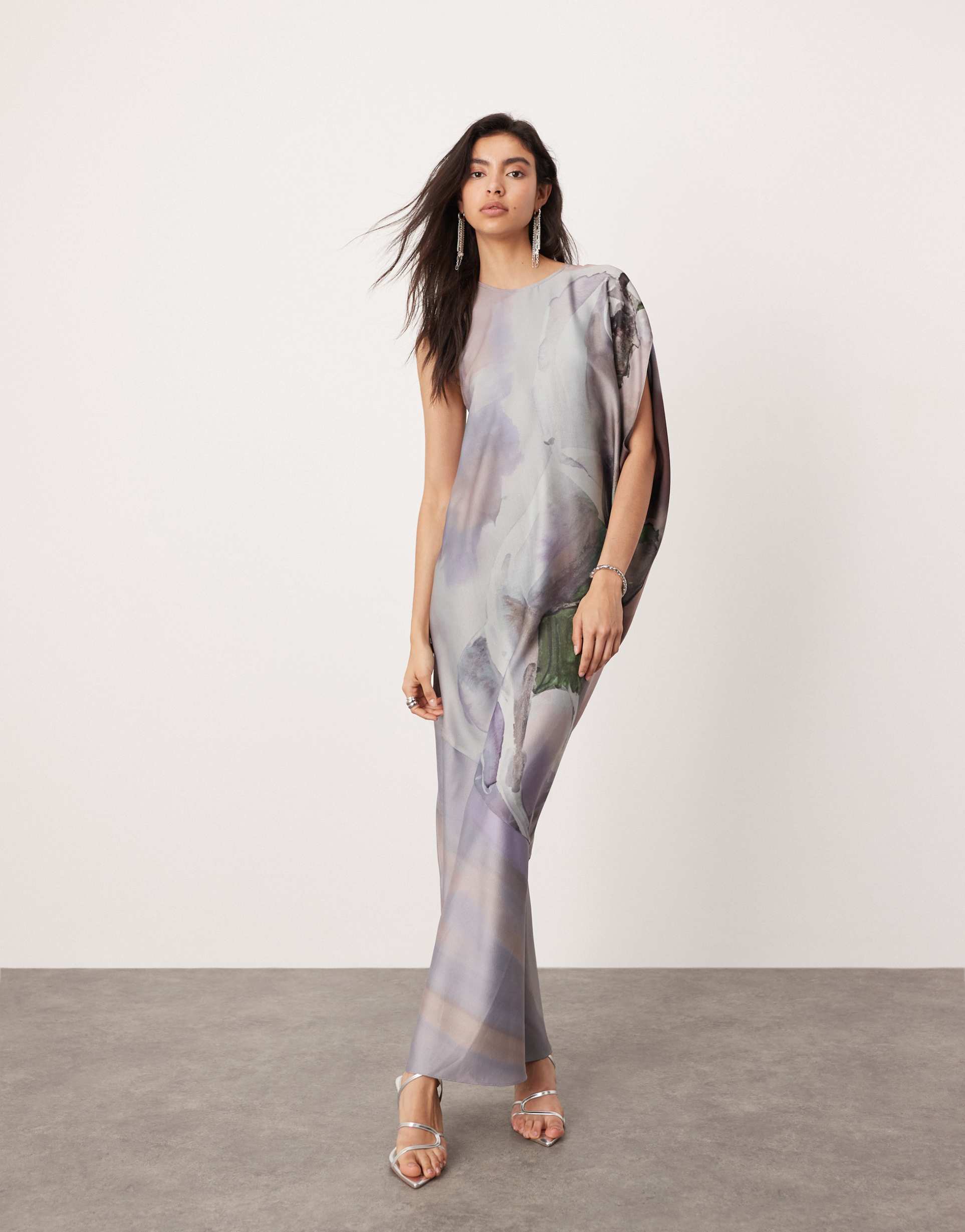 asos edition satin draped one sleeve asymmetric midi dress in oversized horse print