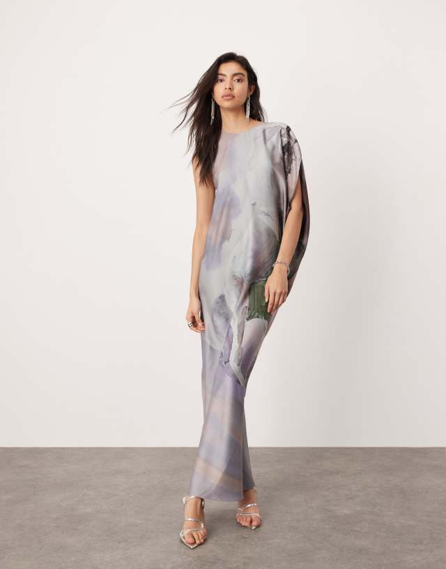 ASOS EDITION satin draped one sleeve asymmetric midi dress in oversized horse print