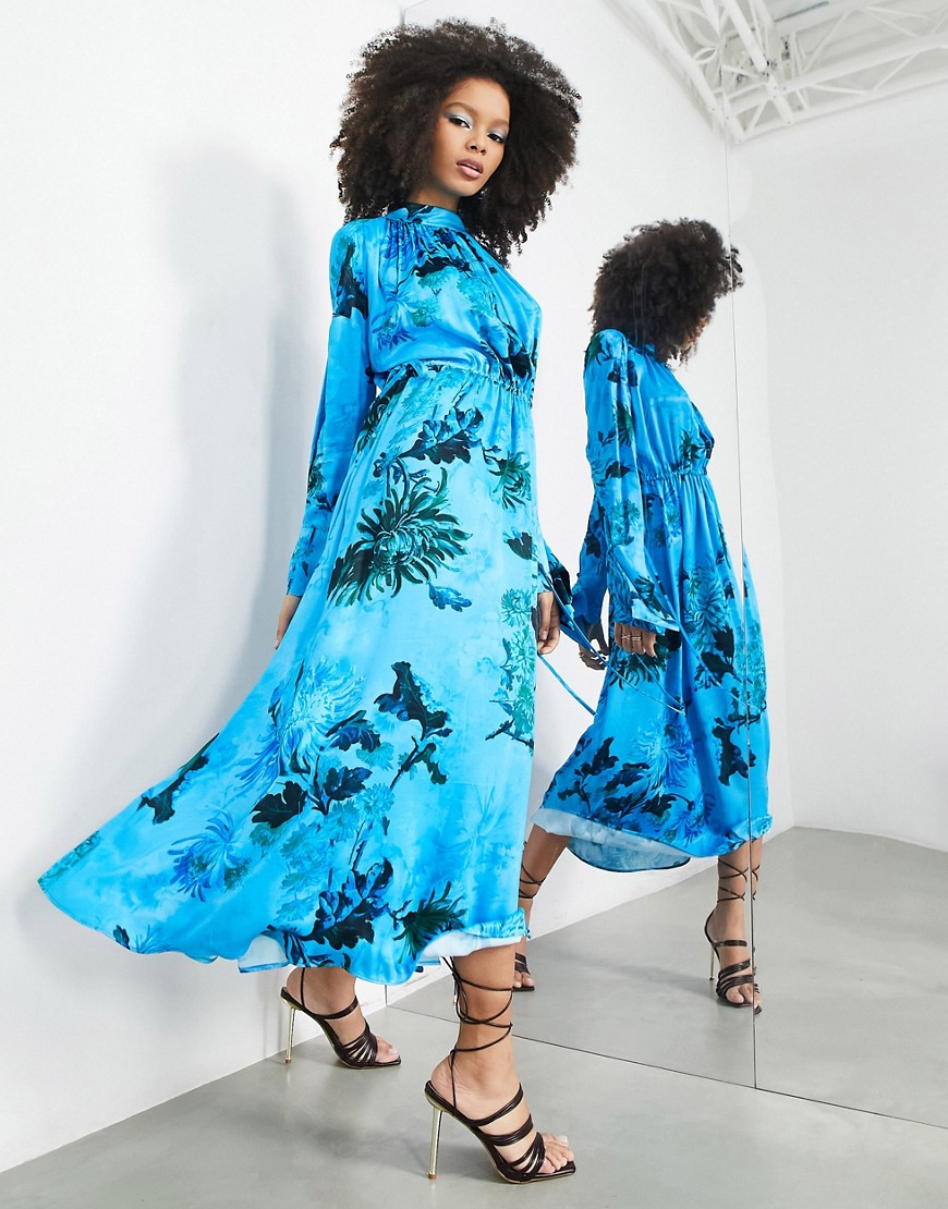 ASOS EDITION satin drawstring midi dress in blue floral print