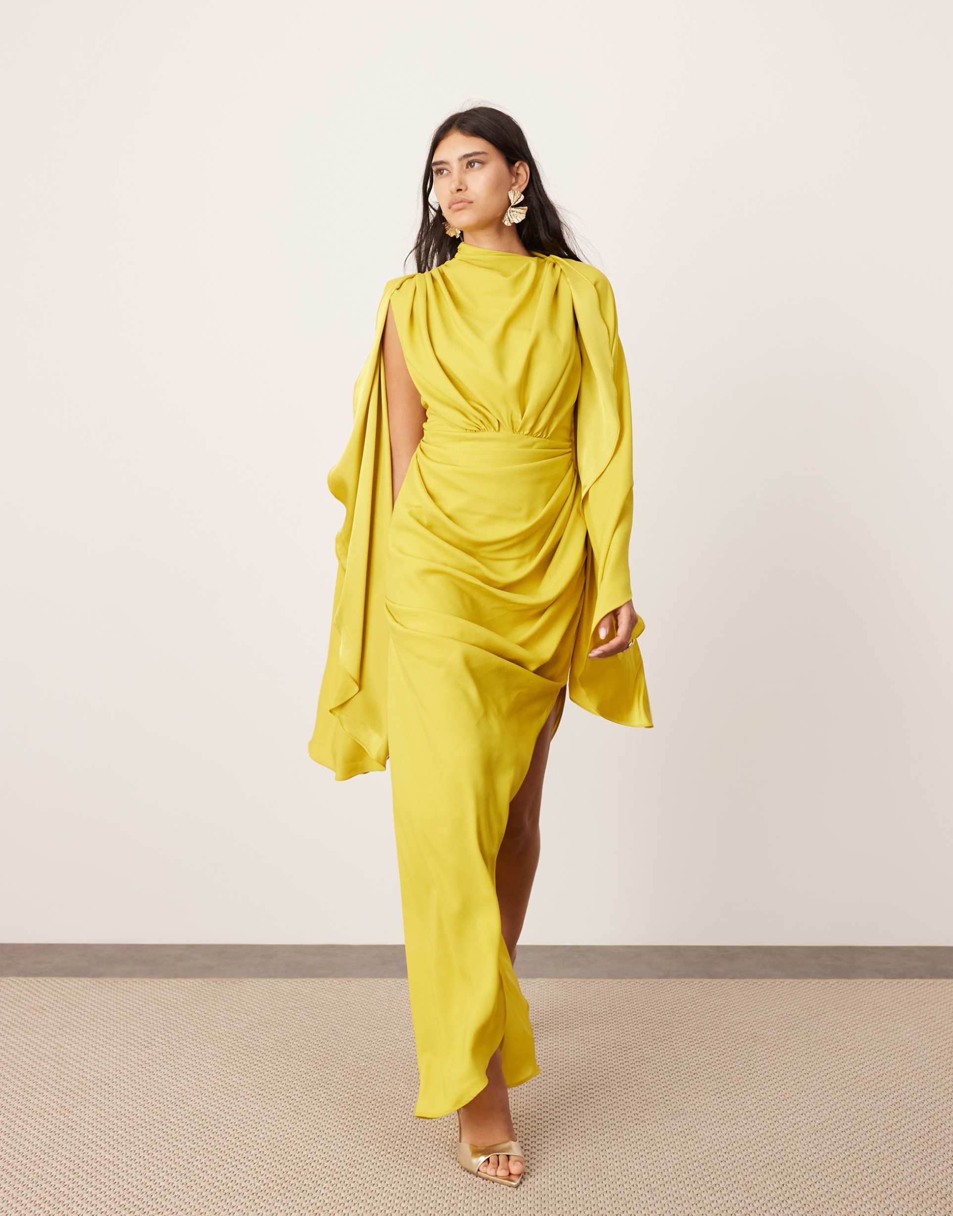 asos edition satin extreme sleeve maxi dress with ruching in chartreuse