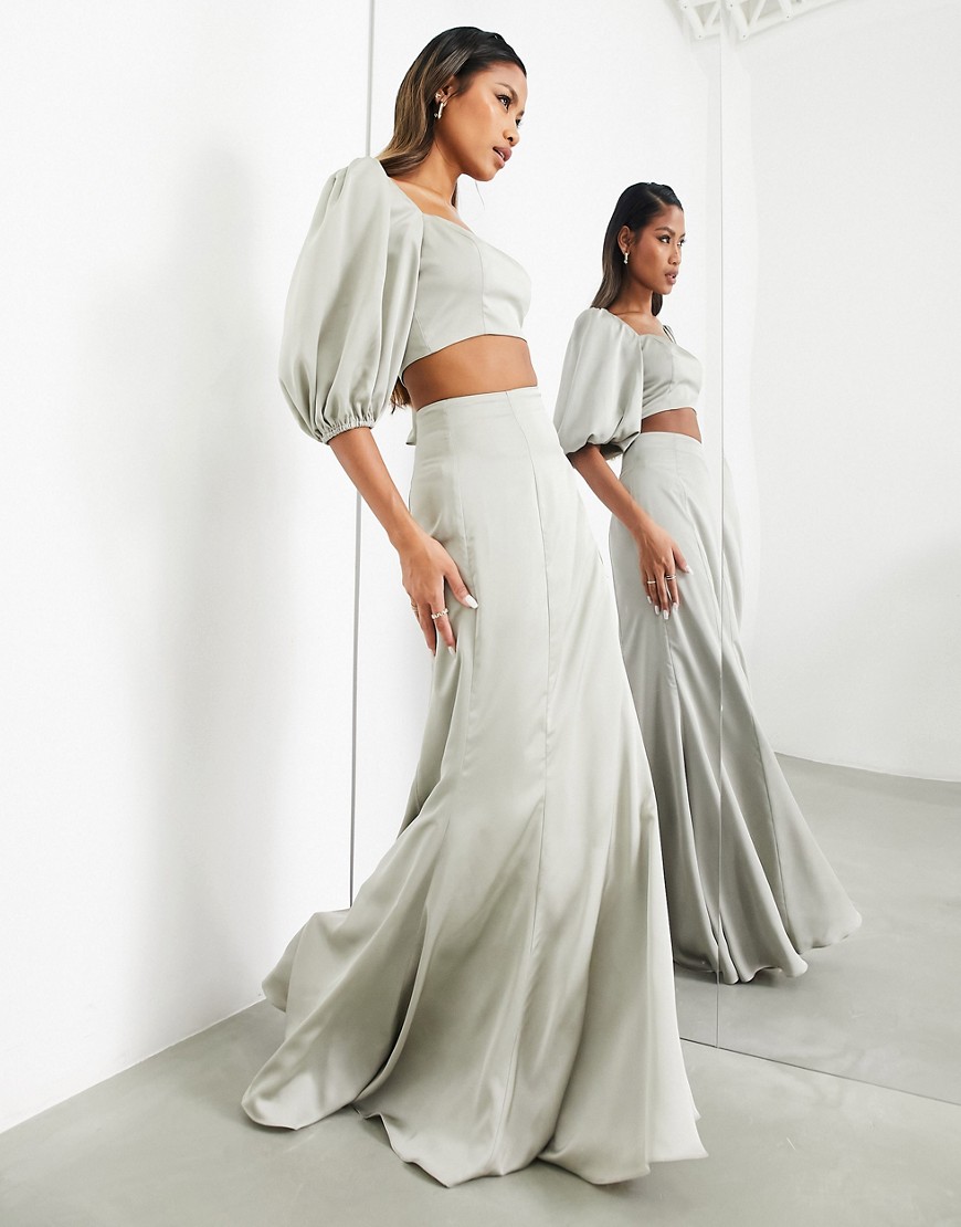 ASOS EDITION satin fishtail maxi skirt in sage green - part of a set