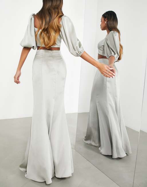 ASOS EDITION satin fishtail maxi skirt in sage green (part of a set), 2 of 4