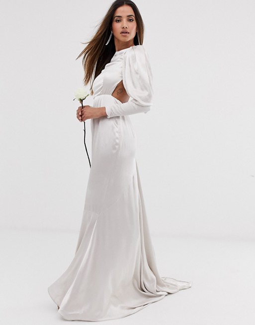 ASOS EDITION satin fishtail wedding dress with dramatic sleeve