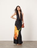 [ASOS EDITION] ASOS EDITION satin floral embroidered cowl halterneck maxi dress in black 18 Black