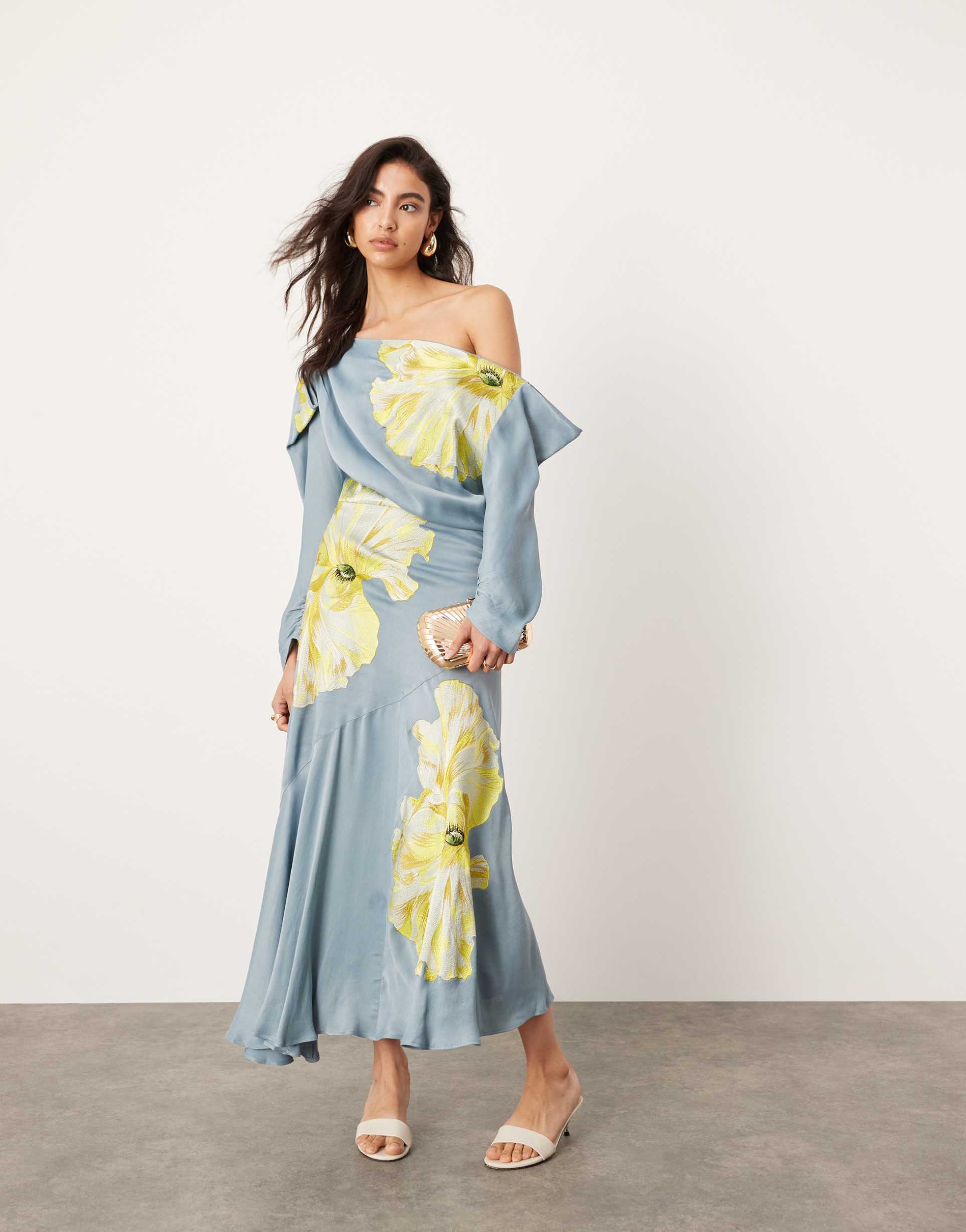 asos edition satin floral embroidered drape one shoulder midi dress in airforce blue